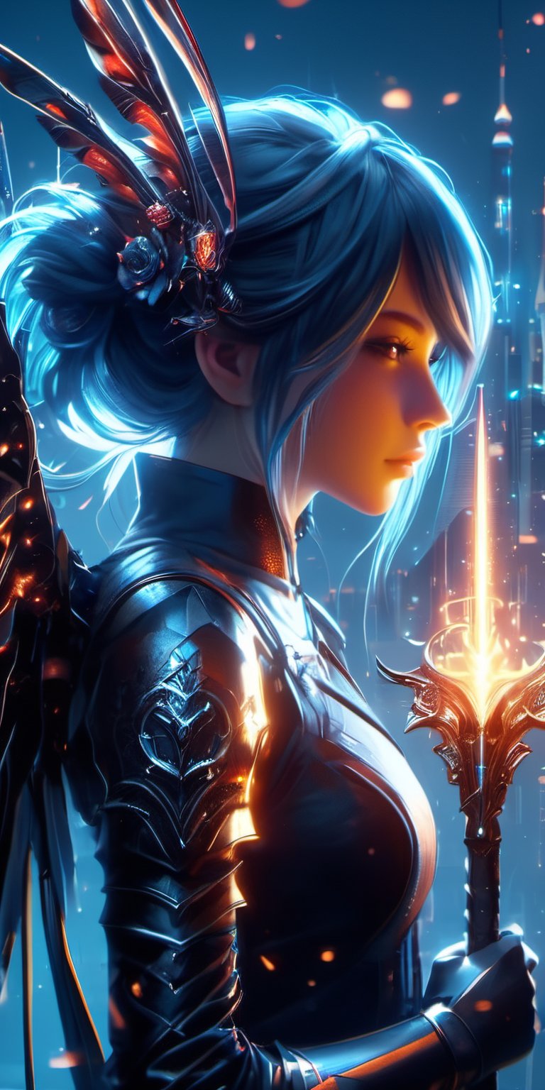 3d render, minimalism, hair ornament, wings, hair flower, intricately detailed, profile, candle, white blue oragen red, cyberpunk, extra arms, Electric spark, over shoulder, holding Scepter, armor, stable diffusion, 1girl, glowing eyes, boots, cityscape, staff, rain, mask, ghost blade art style, cityskyline, glowing, bug, polearm, gauntlets, holding staff, scythe, science fiction, solo, single hair bun,dark anime
