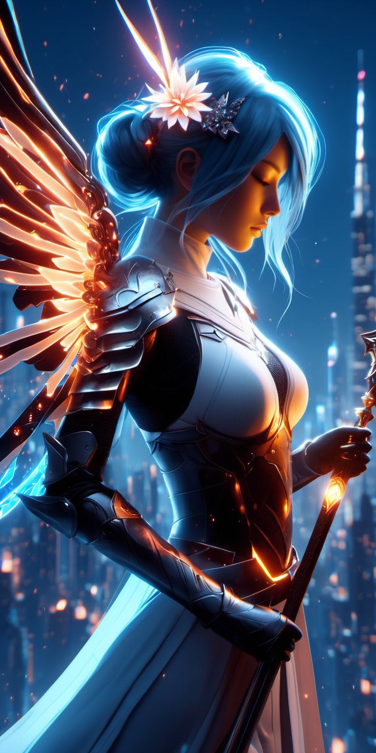 3d render,  minimalism, closed eyes, hair ornament, wings, hair flower, intricately detailed, profile, candle, white blue oragen red, cyberpunk, extra arms, Electric spark, over shoulder, holding Scepter, armor, stable diffusion, 1girl, glowing eyes, boots, cityscape, staff, rain, mask, ghost blade art style, cityskyline, glowing, bug, polearm, gauntlets, holding staff, scythe, science fiction, solo, single hair bun