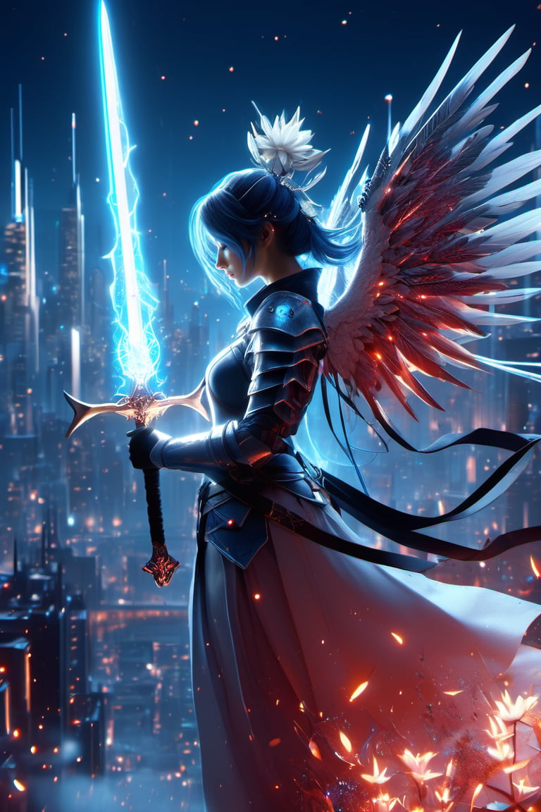 3d render,  minimalism, closed eyes, hair ornament, wings, hair flower, intricately detailed, profile, candle, white blue oragen red, cyberpunk, extra arms, Electric spark, over shoulder, holding sword, armor, stable diffusion, 1girl, glowing eyes, boots, cityscape, staff, rain, mask, ghost blade art style, cityskyline, glowing, bug, polearm, gauntlets, holding staff, scythe, science fiction, solo, single hair bun