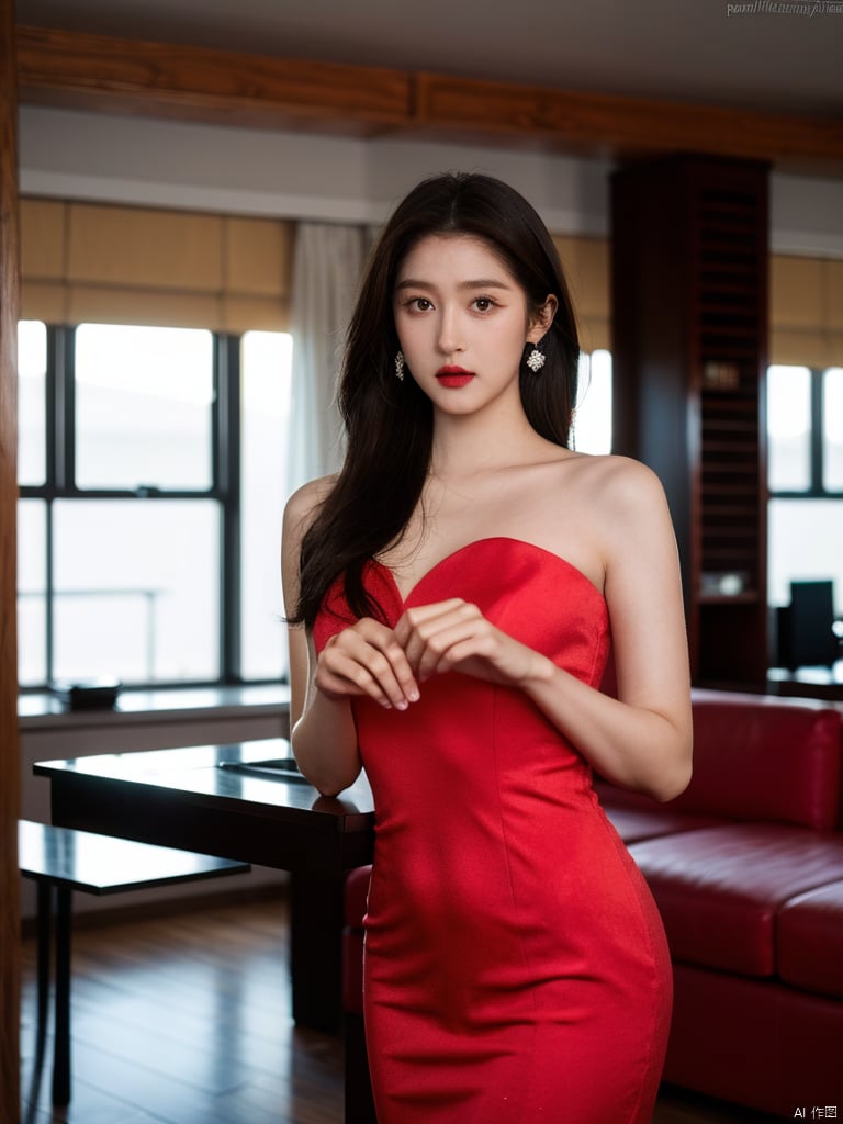 1girl, short hair, brown hair, solo, dress, brown eyes, looking at viewer, holding, red dress, parted lips, bare shoulders, indoors, lips, upper body, sleeveless