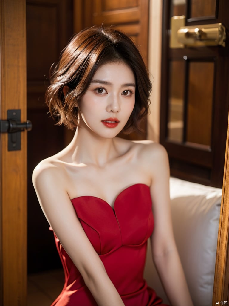  1girl, short hair, brown hair, solo, dress, brown eyes, looking at viewer, holding, red dress, parted lips, bare shoulders, indoors, lips, upper body, sleeveless