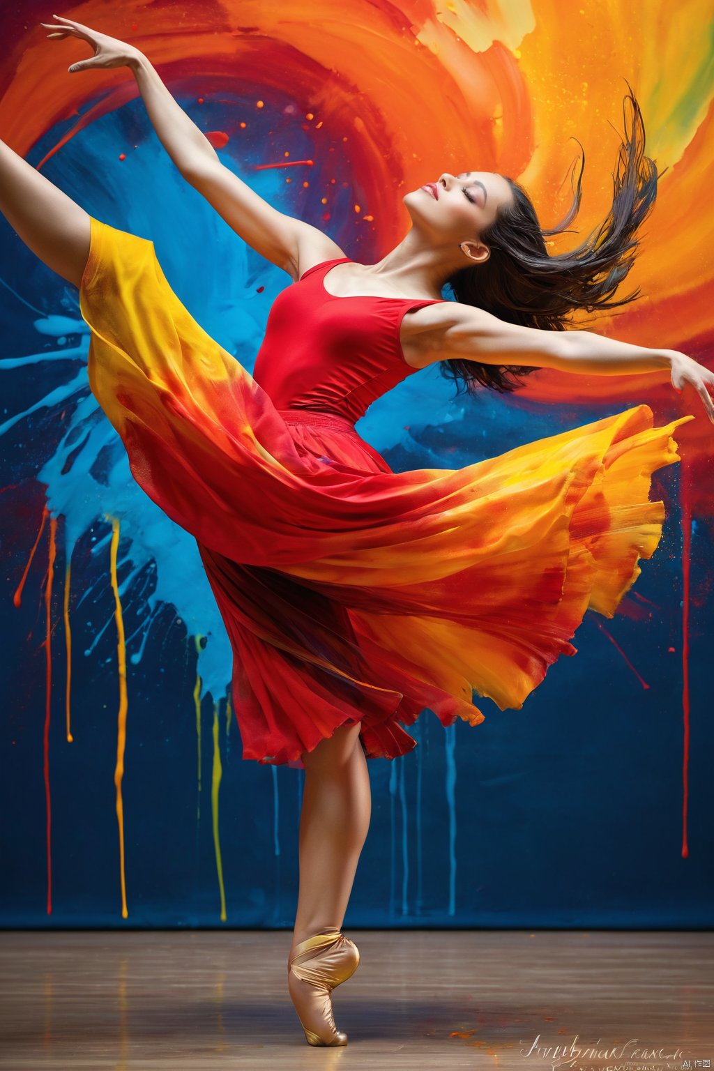  A stunning photograph of a talented artist's work, depicting a graceful, dancing female figure. Splashes of vibrant red, orange, and yellow paint come together to create a mesmerizing and passionate image. The dancer's arms and legs seem to move fluidly, capturing the essence of dance and motion. The background of the photo showcases a vibrant, colorful canvas, highlighting the artist's unique style and creativity., photo