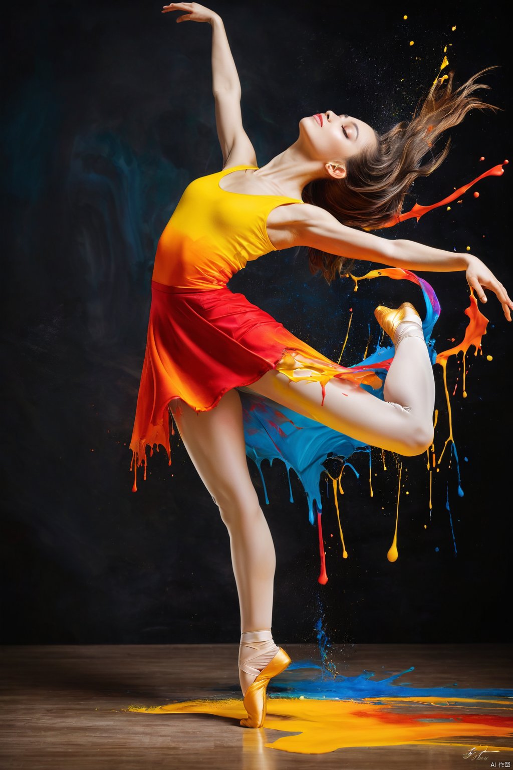  A stunning photograph of a talented artist's work, depicting a graceful, dancing female figure. Splashes of vibrant red, orange, and yellow paint come together to create a mesmerizing and passionate image. The dancer's arms and legs seem to move fluidly, capturing the essence of dance and motion. The background of the photo showcases a vibrant, colorful canvas, highlighting the artist's unique style and creativity., photo