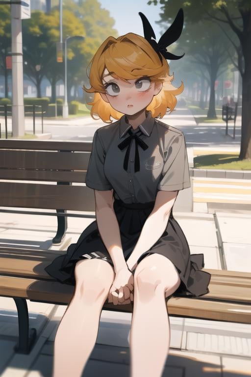 detailed background,  <lora:derpina-09:1> derpina, sitting park bench, epic scene, solo, public park, park background, masterpiece, best quality