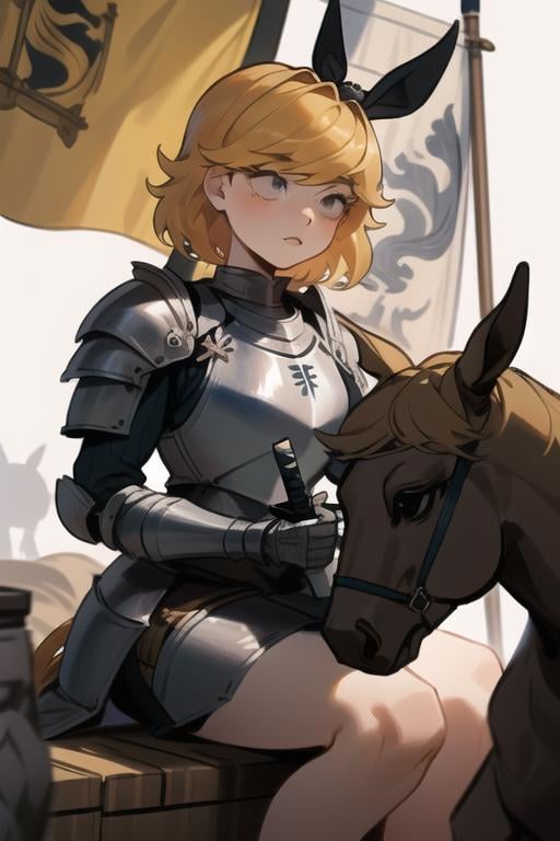 detailed background,  <lora:derpina-09:1> derpina, sitting on horse, epic scene, holding sword, female knight armor, flag, horse, solo, masterpiece, best quality