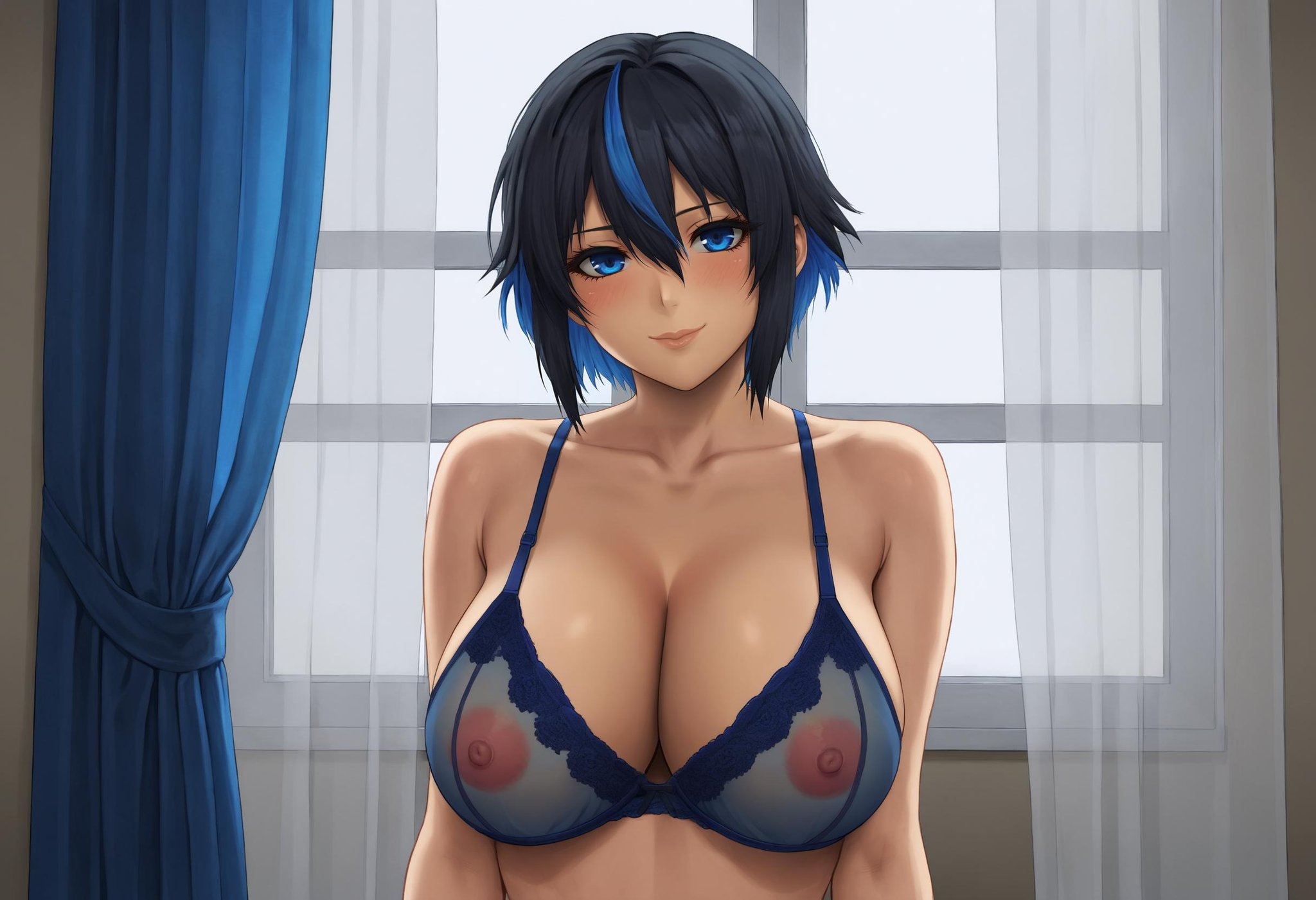 1girl, breasts, solo, underwear, blue eyes, bra, looking at viewer, blue panties, cleavage, panties, hair between eyes, collarbone, window, blue bra, large breasts, nipples visible, blue hair, see-through, bare shoulders, eyelashes, indoors, closed mouth, smile, lips, multicolored hair, upper body, bangs, black hair, short hair, blush, curtains, underwear only