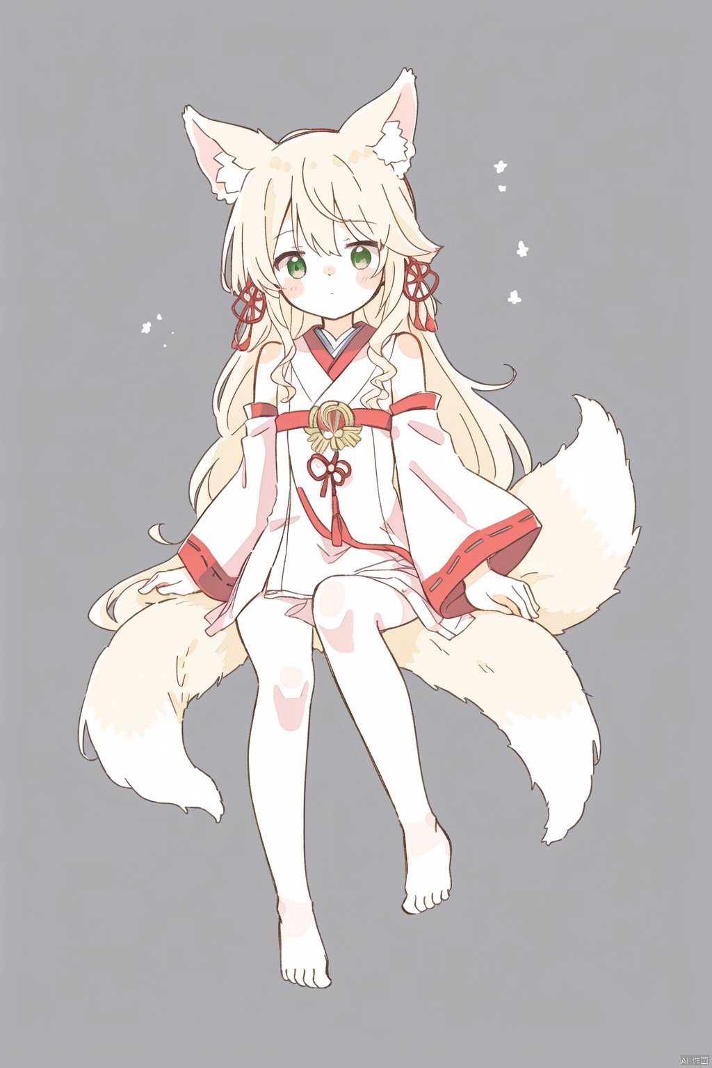  sa-fu \(sfmk39\),(masterpiece),(best quality),1girl, animal_ears, bare_legs, barefoot, detached_sleeves, fox_ears, fox_tail, full_body, green_eyes, hair_ribbon, japanese_clothes, long_hair, looking_at_viewer, miko, ribbon, ribbon-trimmed_sleeves, ribbon_trim, simple_background, solo, tail, very_long_hair, white_hair, wide_sleeves
, white pantyhose