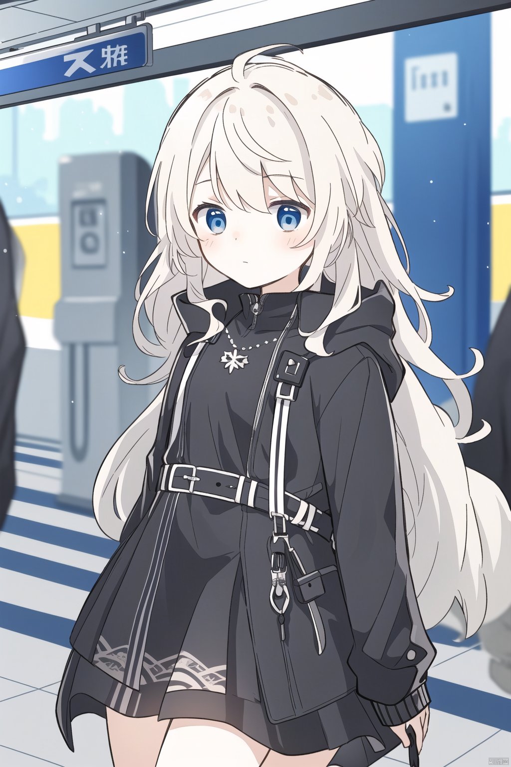  sa-fu \(sfmk39\),An 18-year-old girl,Short white hair,No clothes , Black Cloak,Blue Eyes,Subway station,No expression,Hiss, texas_the_omertosa_(arknights), solo,(masterpiece),
