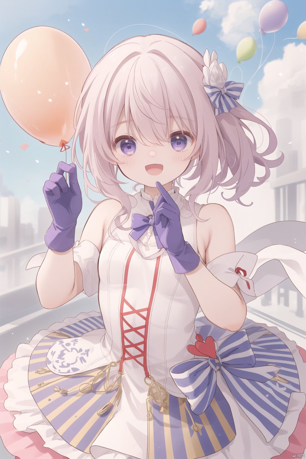  sa-fu \(sfmk39\), (best quality),(masterpiece),1girl, solo, gloves, one eye closed, purple gloves, elbow gloves, dress, bow, smile, v, ;d, open mouth, bare shoulders, hair between eyes, looking at viewer, balloon, ferris wheel, striped bow, small breasts, striped
