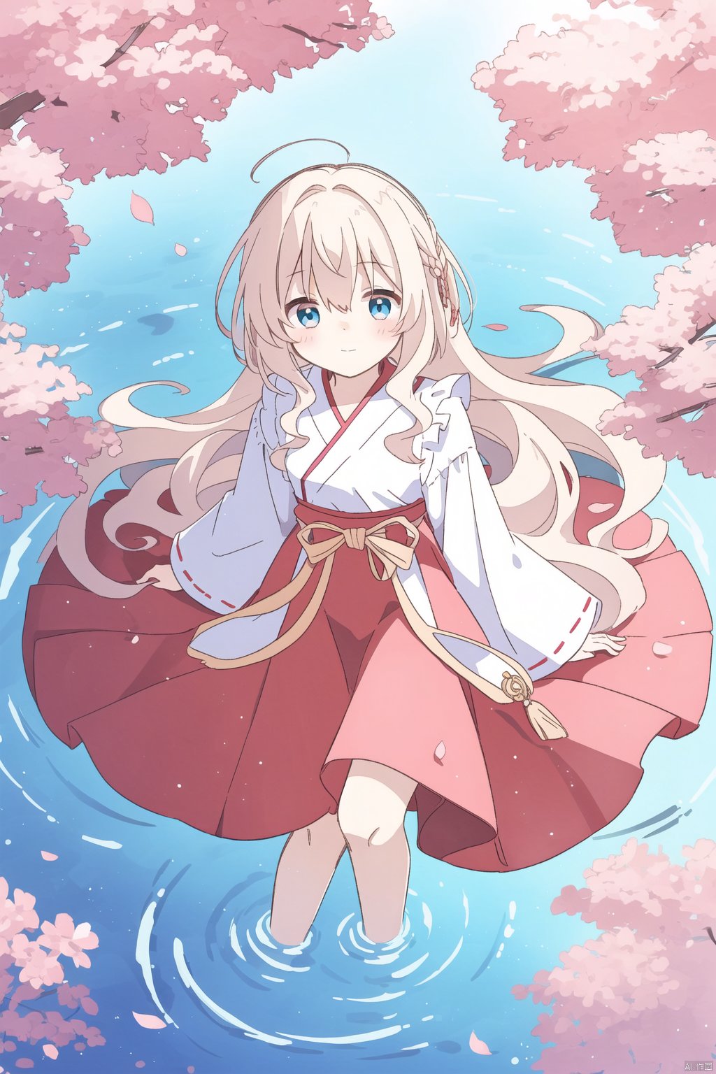  sa-fu \(sfmk39\),Girl standing on water. Branches. Cherry blossoms. Dynamic shot. View from above. Long hair. Cherry blossom-colored Hanfu skirt. Slit. Calf. Mid-chest. Hair between eyes. Coiled hair. Half-open eyes. Blushing. Ripples. Dynamic angles. High details. Beautiful eyes. Solo, solo
