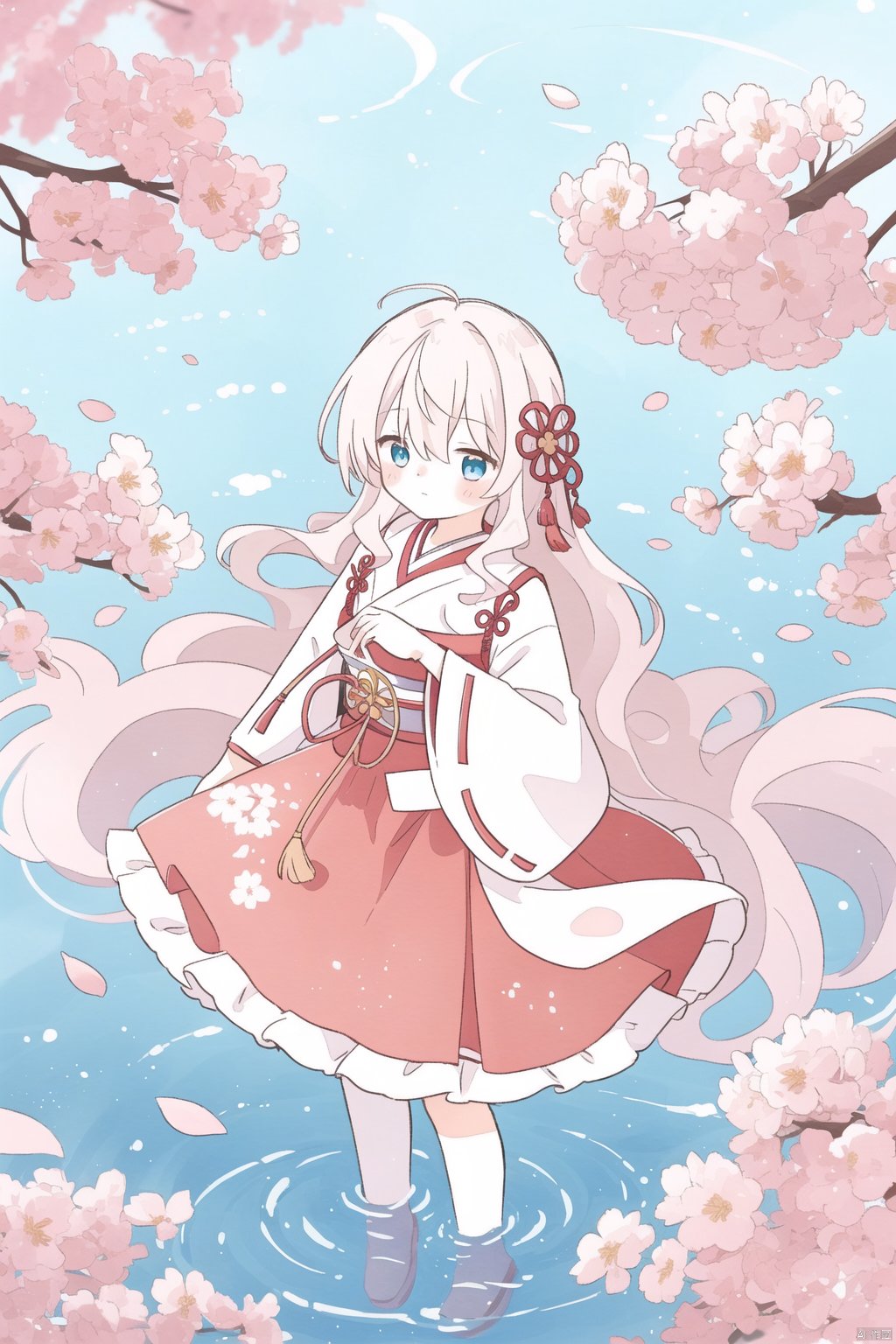  sa-fu \(sfmk39\),Girl standing on water. Branches. Cherry blossoms. Dynamic shot. View from above. Long hair. Cherry blossom-colored Hanfu skirt. Slit. Calf. Mid-chest. Hair between eyes. Coiled hair. Half-open eyes. Blushing. Ripples. Dynamic angles. High details. Beautiful eyes. Solo, solo
