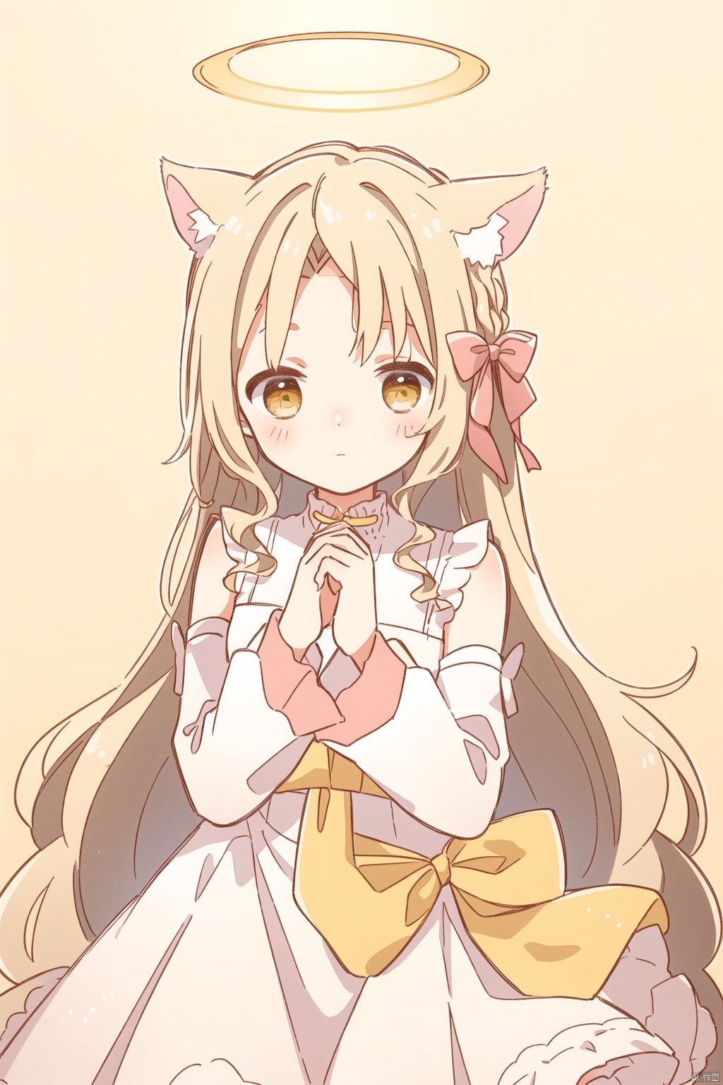  sa-fu \(sfmk39\),1girl, solo, animal ears, halo, dress, white dress, detached sleeves, long hair, parted bangs, looking at viewer, sleeveless, forehead, fox ears, bangs, sleeveless dress, yellow eyes, sleeves past wrists, blonde hair, sleeves past fingers, necktie, very long hair, bow
