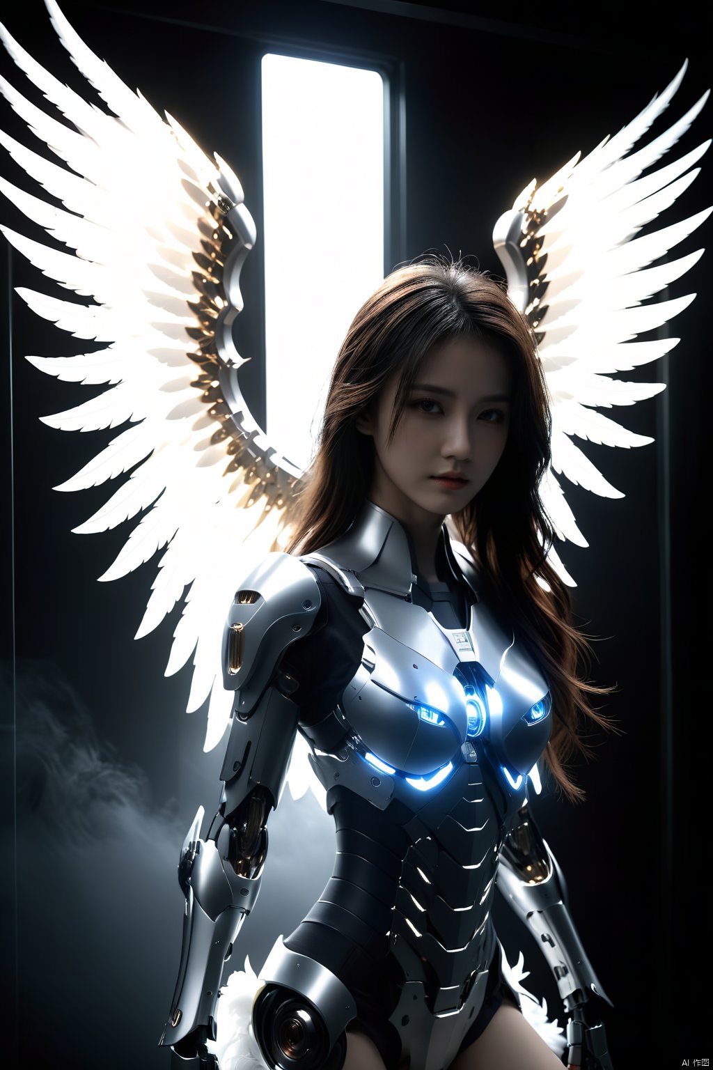 hubg\(mecha_girl)\, beautiful angel, light through angel wings, facing the lens, strong light and dark contrast, dramatic lighting, dark tone photos, movie tone, horror atmosphere, high definition, 8k, Sony movie machine shooting,dark, 