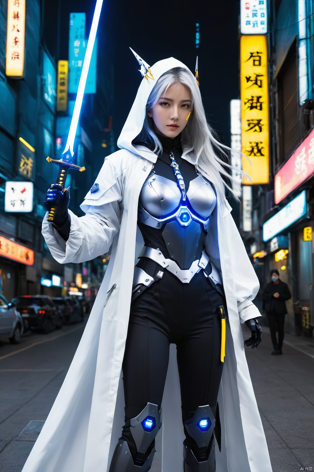  hubg\(mecha_girl)\,weapon, long_hair, hood, sword, hood_up, white_hair, katana, sheath, yellow_eyes, multiple_views, cyberpunk city_background, holding the beam sword, black_pants, pants, crown, very_long_hair, standing, jacket, sheathed, glowing, white_jacket, open_clothes, hair_over_one_eye, full_body, reference_sheet, hooded_jacket, futuristic_robe, mecha, mask, exosuit,