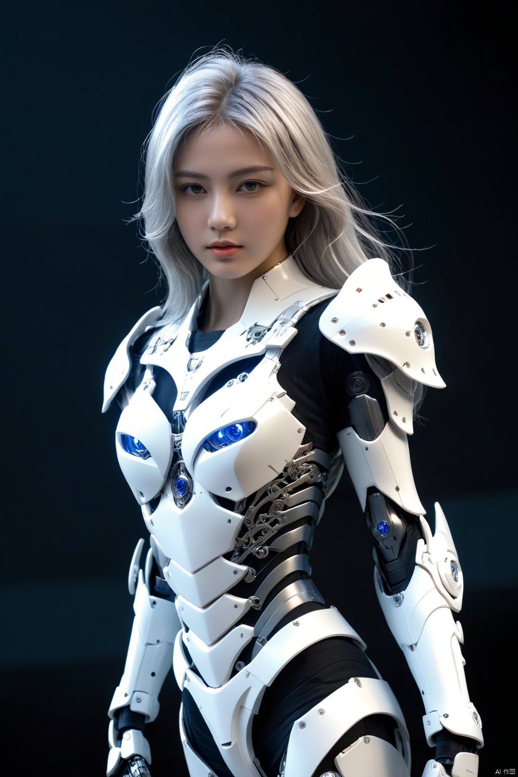 hubg\(mecha_girl)\, (ultra realistic,best quality),photorealistic,Extremely Realistic, in depth, cinematic light,hubgwomen,hubg_beauty_girl, front_view, masterpiece, best quality, photorealistic, raw photo, (1girl, looking at viewer), long white hair, mechanical white armor, intricate armor, delicate blue filigree, intricate filigree, red metalic parts, detailed part, dynamic pose, detailed background, dynamic lighting, HUBG_Mecha_Armor, intricate background, realism,realistic,raw,analog,portrait,photorealistic,