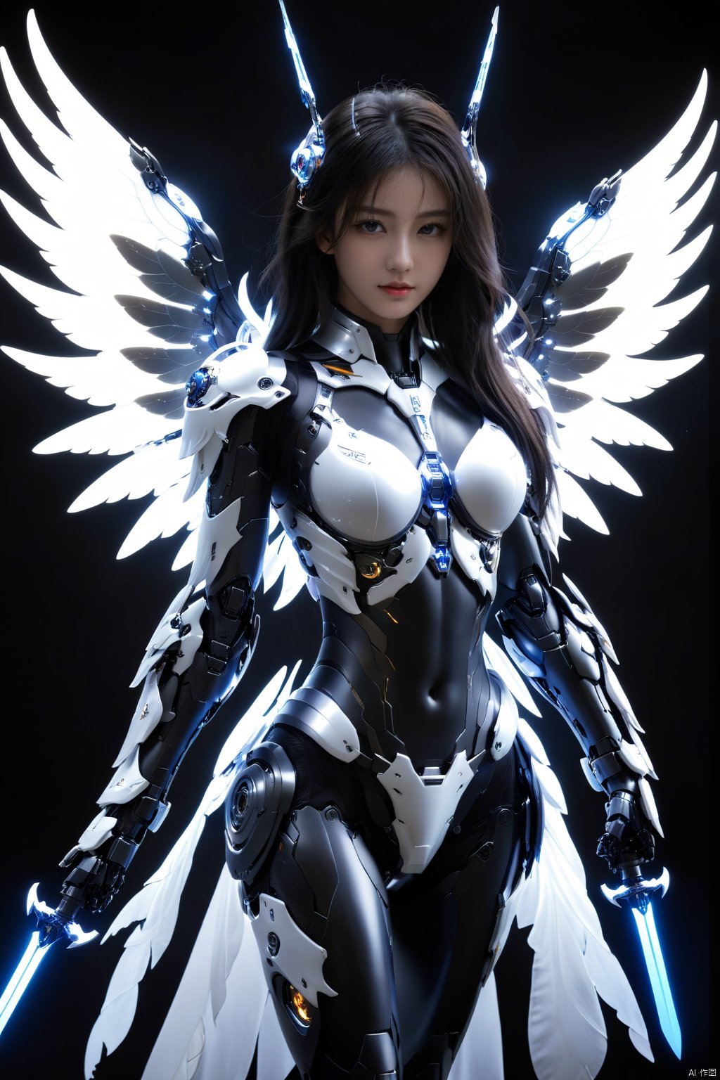 hubg\(mecha_girl)\,
glowing, black mecha, wings, halo, long hair, mechanical wings, wrenchsfantasy, fantasy, glowing, glowing eyes, holding sword,