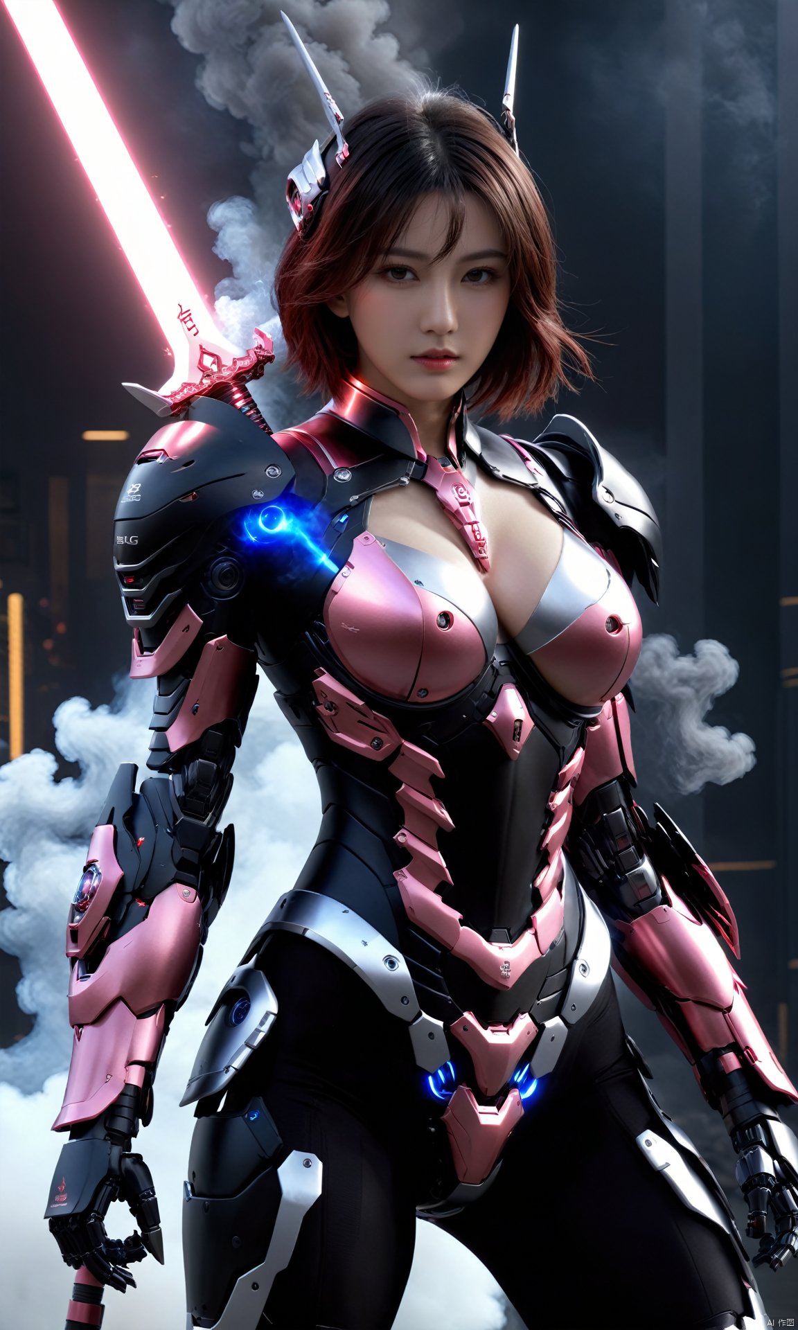 (ultra realistic,best quality),photorealistic,Extremely Realistic, in depth, hubggirl, cinematic light, hubg\(mecha_girl)\, 
1girl wearing black|red mecha_armor, huge breasts, big chest, holding a glowing pink sword downwards,
dynamic poses, smoke effects,
highly detailed, ultra-high resolutions, 32K UHD, best quality, masterpiece,
taken by Canon EOS,SIGMA Art Lens 35mm F1.4,ISO 200 Shutter Speed 2000,Vivid picture,