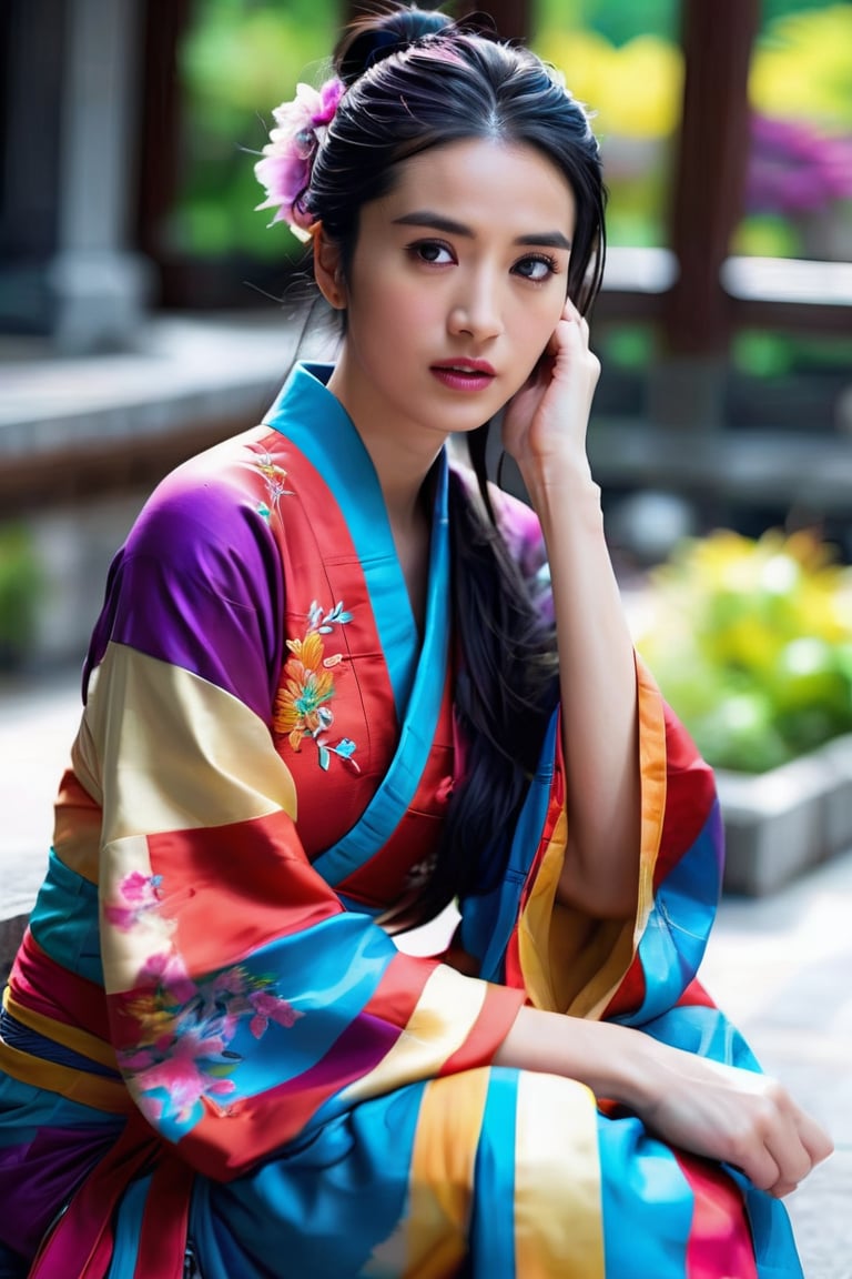 Best picture quality, high resolution, 16k, realistic, sharp focus, extreme picture quality, detailed face + eyes, casual pose, elegant, casual facial expression, realistic image of an elegant lady, no hair accessories, dark eyes , fractal art, bright colors, Korean beauty supermodel, pure black hair mixed with colorful hair tails, wearing Hanfu, wearing sandals, radiant, perfectly customized gorgeous floral embroidery pattern suit, custom design, 1 girl, tense , looking at the audience, ,floral, light smile, print,1girl,gongbiv,CLOUD,perfect,Chromaspots