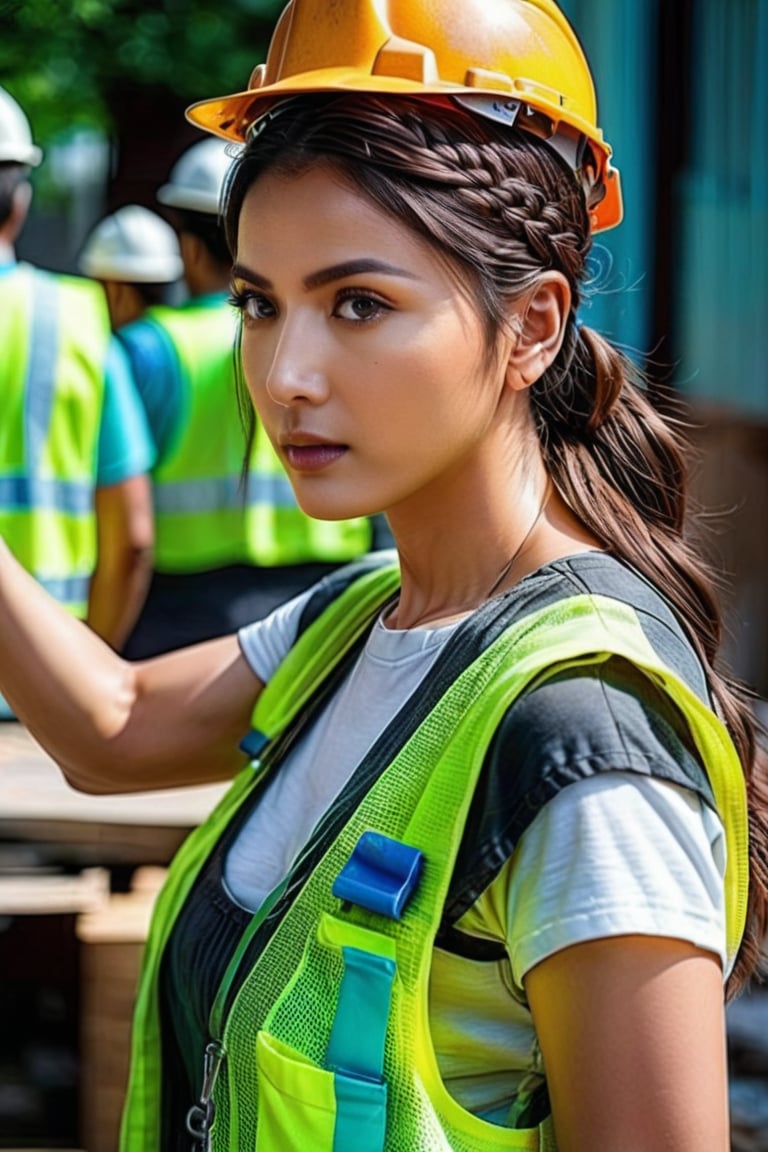 a woman who was works as a construction worker. He has green eyes, a dark brown complexion, and graying dark brown hair in a long braid. sHe throws on whatever clothes are around. looks deceptively sneaky, and gets stressed easily