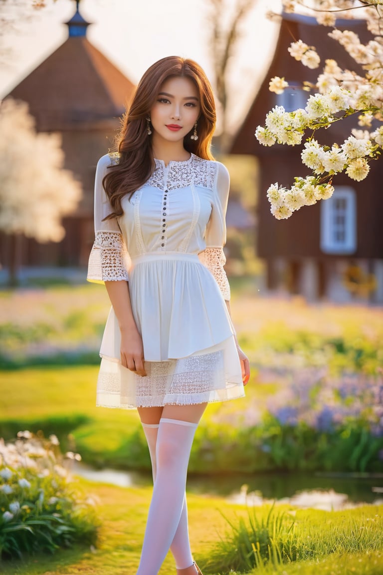 1girl, Portrait photo of a gorgeous 20yo woman, average height, innocent, parted lips, perfect body figure, narrow waist, hourglass body figure, intricate detail composition of the body, (brown hair:1.16), (layered messy medium hair:1.2), nice hands, ((wearing dutch traditional clothes:1.5)), white pantyhose, wearing heels, standing on the grass, flower park, (countryside, country house, village landscape:1.2), (morning:1.2), (golden hour:1.2), spring weather