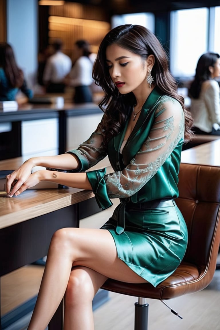 beautiful girls, seating on office table with leg cross , overcoat, shiny silk lace shirt, short skirt , stylish fashion , fashion accessories,staring , beautiful long silver curl hair, sexy, necklace, bracelet, earrings, bent over,  thick thigh