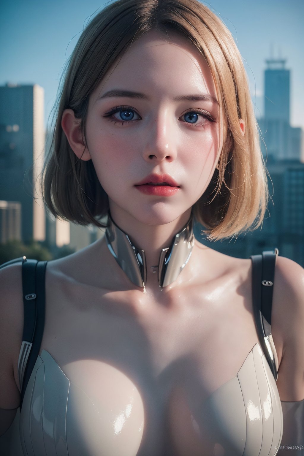 (masterpiece: 1.3), (8K, photorealistic, raw photography, best quality: 1.4), ultra uetail face, eyes of detail, double eyelids, (sharp focus: 1.2), ultra high resolution, (photorealistic:1.4), very detailed and professional lighting, translucent ethereal mechanical girl, futuristic girl, mechanical joining technology girl, futuristic city background