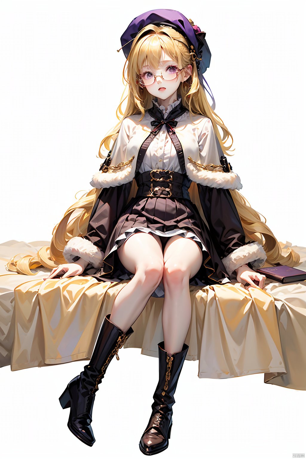best quality,1girl,glasses,hat,solo,full body,looking at viewer,white background,chain,long hair,purple eyes,book,thighhighs,wavy hair,beret,simple background,frills,brown hair,dress,magic,capelet,boots,white thighhighs,ribbon,skirt,fur trim,blonde hair,cuffs,floating,red headwear,,
