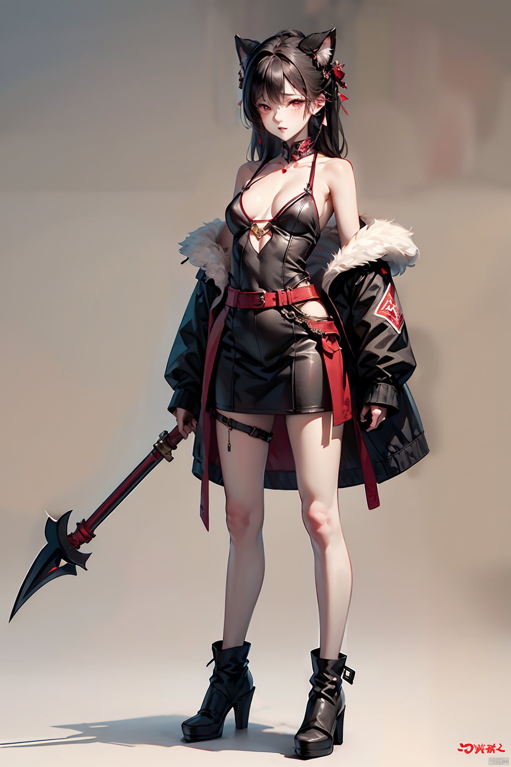 best quality,1girl,full body,game,devil's horn,cat's ear,furry,big cat's paws,ultra-short coat,open shoulder,big chest,holding a death sickle as a weapon,simple_background,game character design,