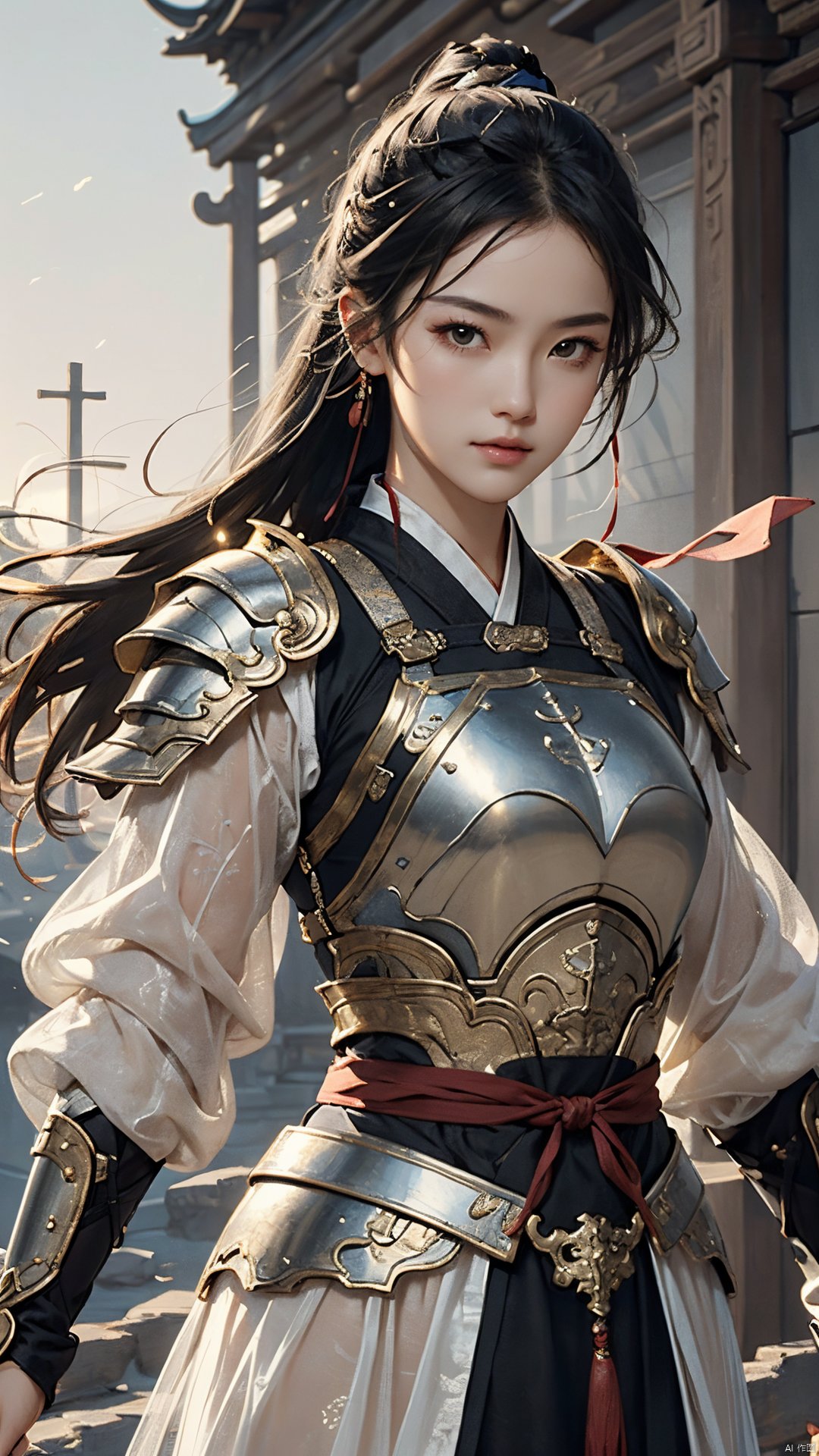  masterpiece,best quality,1girl, beautiful chinese girl, (beautiful detailed armor), (beautiful detailed hanfu), black eyes,(see-through),
Game art,The best picture quality,Highest resolution,8K,(Head close-up),(Rule of thirds),(Female Warrior),looking at viewer,
An eye rich in detail,(knightess),Elegant and noble,indifferent,brave,bandeau top,pauldron,gardebras,
(Ancient runes of light,Combat accessories with rich details,Metallic luster)
(super fucking cool:1.2)