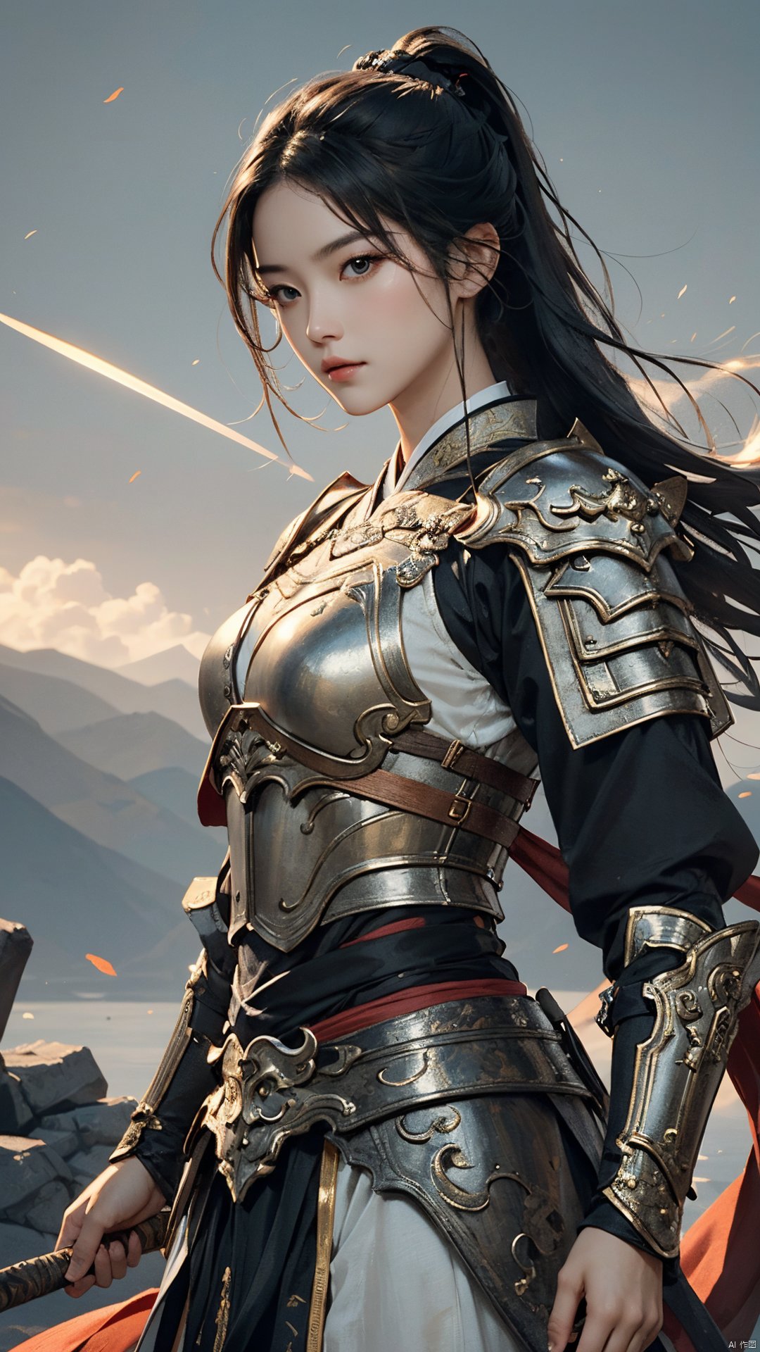  masterpiece,best quality,1girl, beautiful chinese girl, (beautiful detailed armor), (beautiful detailed hanfu), black eyes,(see-through),
Game art,The best picture quality,Highest resolution,8K,(Head close-up),(Rule of thirds),(Female Warrior),looking at viewer,
An eye rich in detail,(knightess),Elegant and noble,indifferent,brave,bandeau top,pauldron,gardebras,
(Ancient runes of light,Combat accessories with rich details,Metallic luster)
(super fucking cool:1.2)