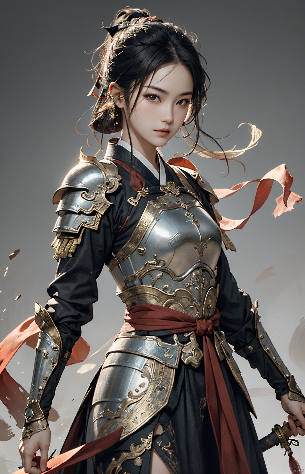  masterpiece,best quality,1girl, beautiful chinese girl, (beautiful detailed armor), (beautiful detailed hanfu), black eyes,(see-through),
Game art,The best picture quality,Highest resolution,8K,(Head close-up),(Rule of thirds),(Female Warrior),looking at viewer,
An eye rich in detail,(knightess),Elegant and noble,indifferent,brave,bandeau top,pauldron,gardebras,
(Ancient runes of light,Combat accessories with rich details,Metallic luster),holding weapon,
(super fucking cool:1.2)