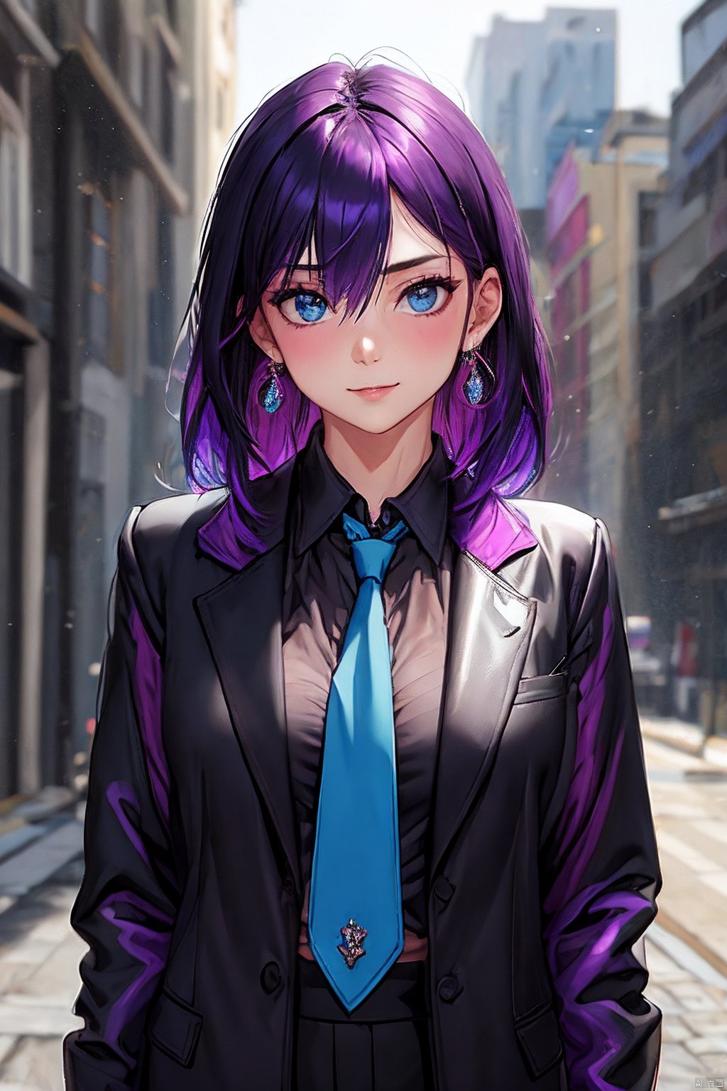  1girl,shirt,solo,necktie,rain,blue eyes,long hair,jewelry,jacket,earrings,black necktie,looking at viewer,black hair,collared shirt,black jacket,upper body,closed mouth,purple hair,multicolored hair,outdoors,bangs,open jacket,wet,background,open clothes,colored inner hair,hair between eyes,
