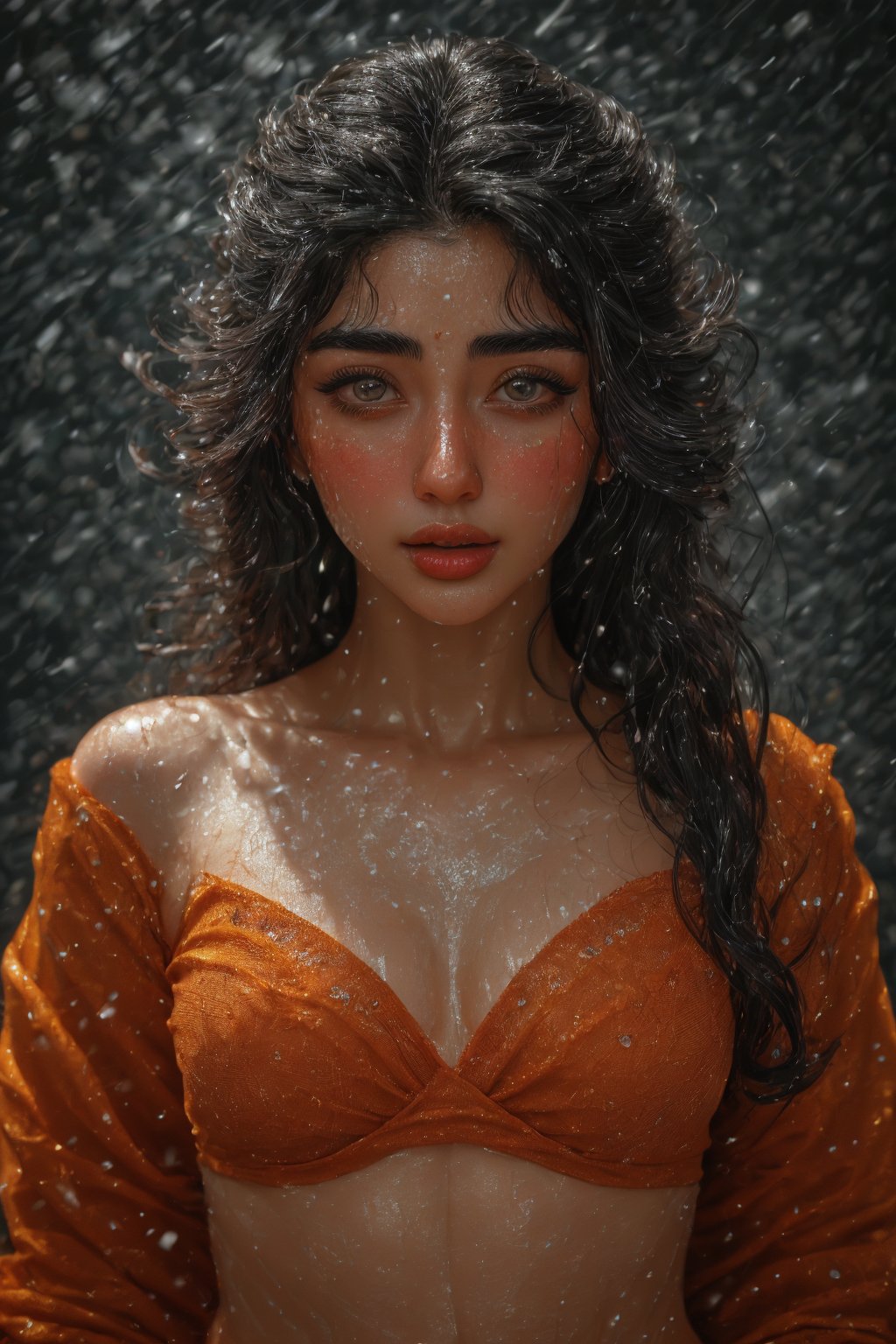 Light particle, spark, motion light, water drops, wet, Curly hair, Raw photo of (25yo Beautiful young woman:1.1) (best quality, highres, ultra-detailed:1.2), vibrant colors, glowing dimond, glowing eyes, realistic Raw photo, realistic lighting, traditional Red saree,  exotic beauty, mesmerizing eyes, girl,slim fit,Curly hair women,freckles, Energy light particle mecha,Light partical & freckles,Mallu,photorealistic,Saree