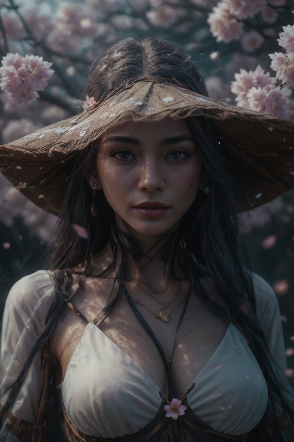 1girl, solo, long hair, looking at viewer, brown hair, jewelry, green eyes, upper body, flower, outdoors, parted lips, day, blurry, lips, petals, depth of field, facial mark, cherry blossoms, wind, freckles, nose, branch, Energy light particle mecha