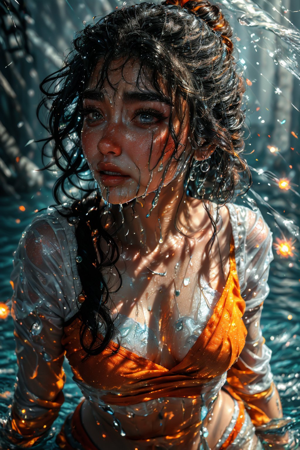 ((((Light particle, spark, motion light, water drops, wet)))), Curly hair, Raw photo of (25yo Beautiful young woman:1.1) (best quality, highres, ultra-detailed:1.2), vibrant colors, glowing dimond, glowing eyes, realistic Raw photo, realistic lighting, traditional Red saree,  exotic beauty, mesmerizing eyes, girl,slim fit,Curly hair women,freckles, Energy light particle mecha,Light partical & freckles,Mallu,photorealistic,Saree