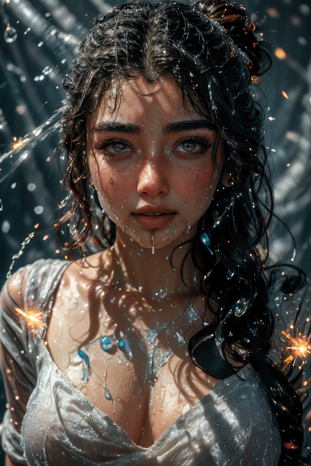 ((((Light particle, spark, motion light, water drops, wet)))), Curly hair, Raw photo of (25yo Beautiful young woman:1.1) (best quality, highres, ultra-detailed:1.2), vibrant colors, glowing dimond, glowing eyes, realistic Raw photo, realistic lighting, traditional Red saree,  exotic beauty, mesmerizing eyes, girl,slim fit,Curly hair women,freckles, Energy light particle mecha,Light partical & freckles,Mallu,photorealistic,Saree