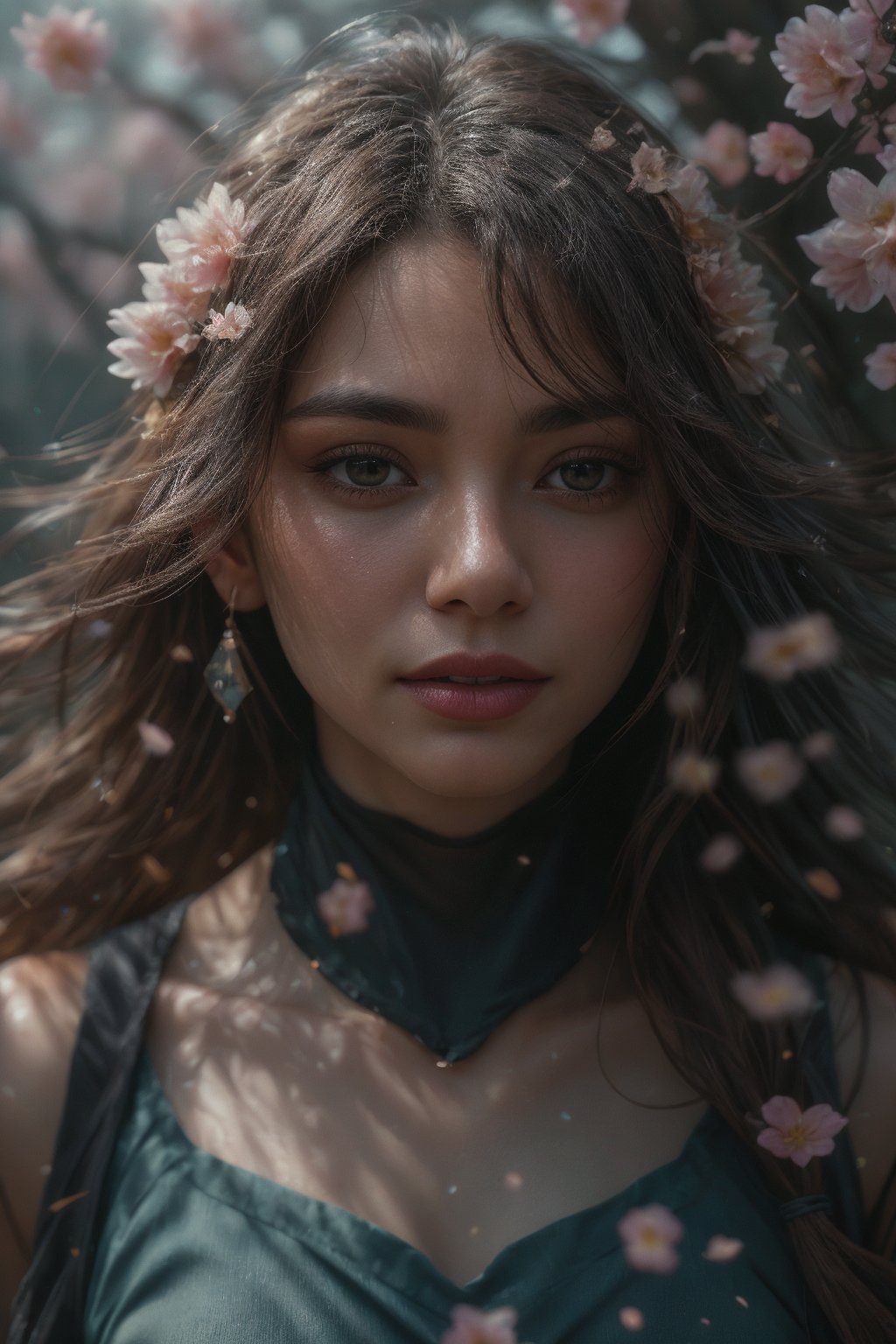 1girl, Light Particle,  solo, long hair, looking at viewer, brown hair, jewelry, green eyes, upper body, flower, outdoors, parted lips, day, blurry, lips, petals, depth of field, facial mark, cherry blossoms, wind, freckles, nose, branch, Energy light particle mecha,Light partical & freckles