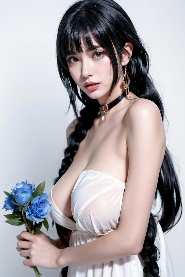 Mary,1girl,breasts,nipples,solo,black hair,multicolored hair,dress,looking at viewer,long hair,flower,blue flower,white dress,earrings,jewelry,streaked hair,white background,braid,simple background,large breasts,purple eyes,blue hair,lips,choker,blue rose,bangs,collar,two-tone hair,rose,cowboy shot,bare shoulders,blue eyes,red lips,makeup,breasts out,closed mouth,collarbone,best quality,masterpiece,illustration,an extremely delicate and beautiful,CG,unity,8k wallpaper,Amazing,finely detail,masterpiece,official art,extremely detailed CG unity 8k wallpaper,incredibly absurdres,huge filesize,ultra-detailed,highres,extremely detailed,beautiful detailed girl,realistic,<lora:Mary:0.8>,