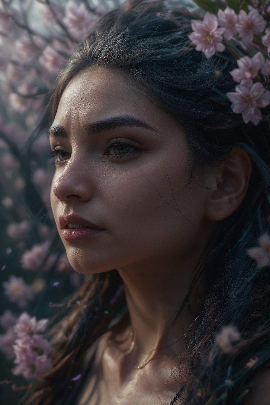 1girl, solo, long hair, looking at viewer, brown hair, jewelry, green eyes, upper body, flower, outdoors, parted lips, day, blurry, lips, petals, depth of field, facial mark, cherry blossoms, wind, freckles, nose, branch, Energy light particle mecha