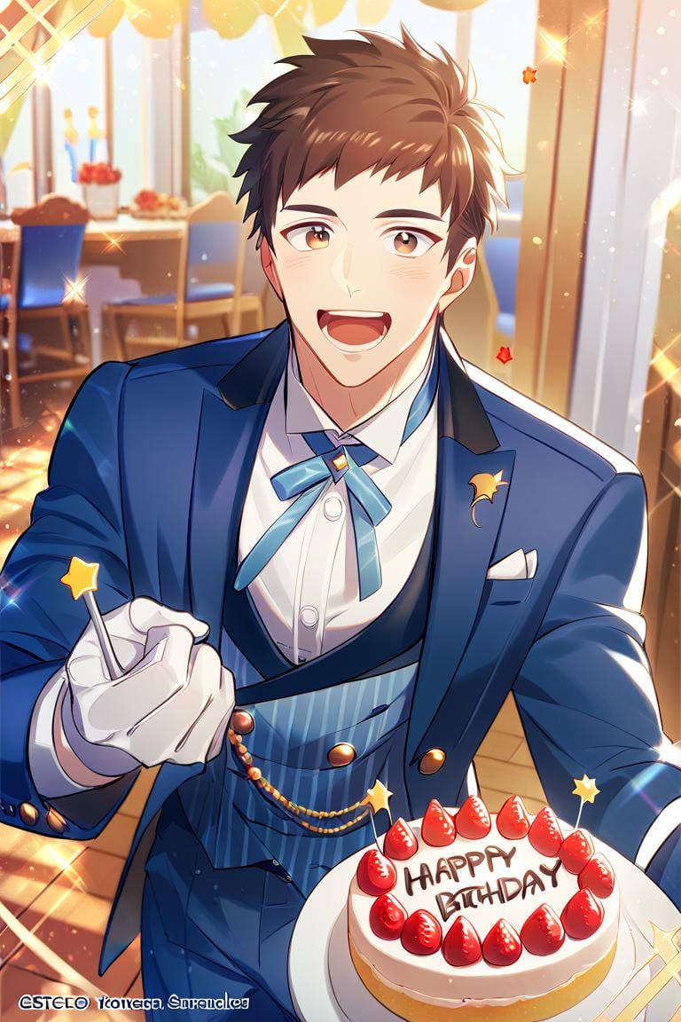 score_9, score_8_up, score_7_up, score_6_up, score_5_up, score_4_up, cute face, twink, party, birthday cake, solo focus, year 2023, shingo yabuki, brown eyes, blue suit, blue jacket, blue bowtie, white gloves, buttons, white shirt, blue pants,amazing quality, best aesthetic, absurdres<lora:EMS-342688-EMS:1.000000>