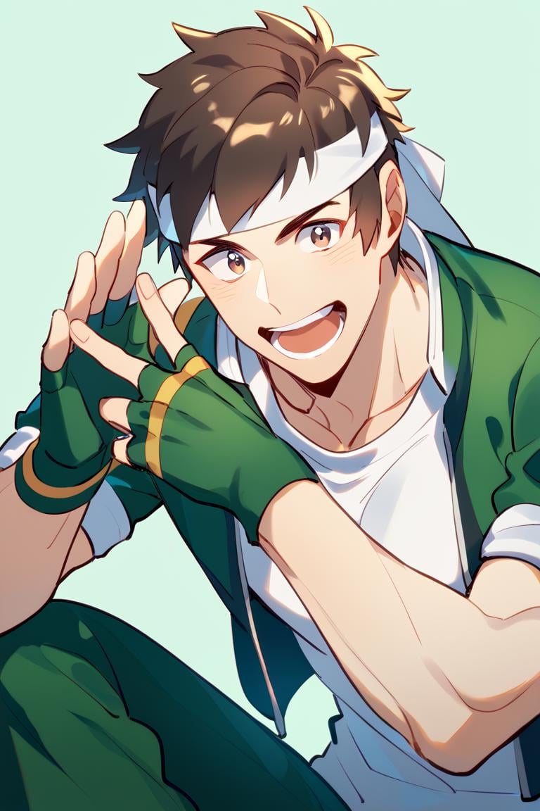 score_9, score_8_up, score_7_up, score_6_up, score_5_up, score_4_up, cute face, year 2023, shingo, yabuki, brown hair, brown eyes, headband, greenjacket, white t-shirt, fingerless gloves, open jacket, green pants, amazing quality, best aesthetic, absurdres<lora:EMS-342688-EMS:1.000000>