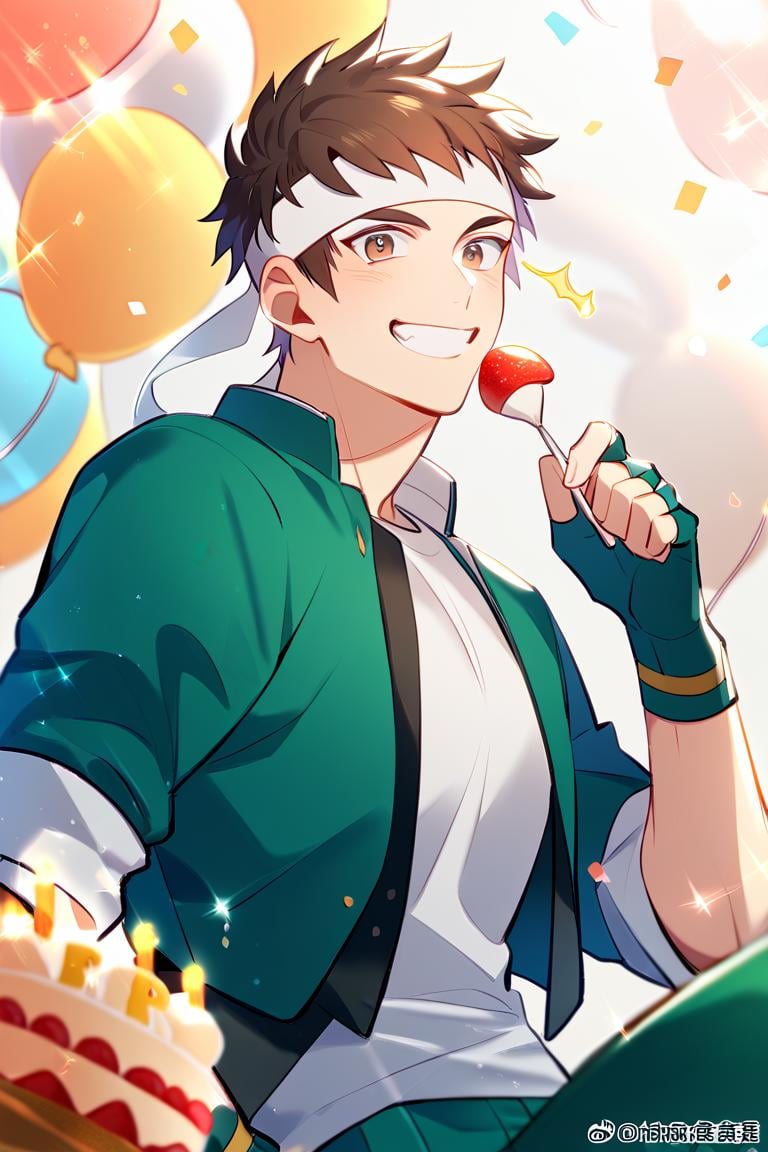 score_9, score_8_up, score_7_up, score_6_up, score_5_up, score_4_up, cute face, twink, party, birthday cake, solo focus, year 2023, shingo yabuki, brown eyes, blue suit, headband, greenjacket, white t-shirt, fingerless gloves, open jacket, green pants,amazing quality, best aesthetic, absurdres<lora:EMS-342688-EMS:1.000000>