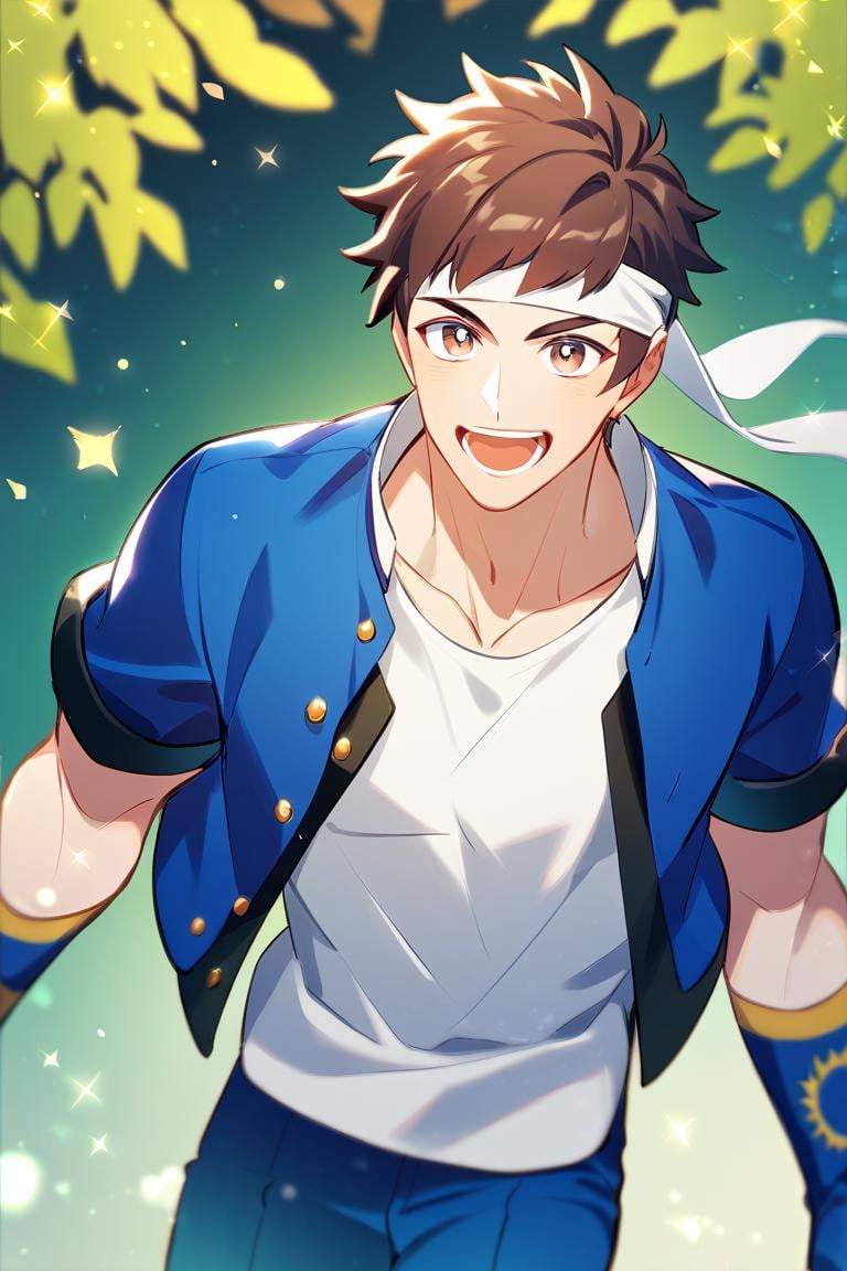 score_9, score_8_up, score_7_up, score_6_up, score_5_up, score_4_up, cute face, year 2023, shingo yabuki, brown hair, brown eyes, headband, blue jacket, white t-shirt, fingerless gloves, blue pants,open jacke,,amazing quality, best aesthetic, absurdres<lora:EMS-342688-EMS:1.000000>