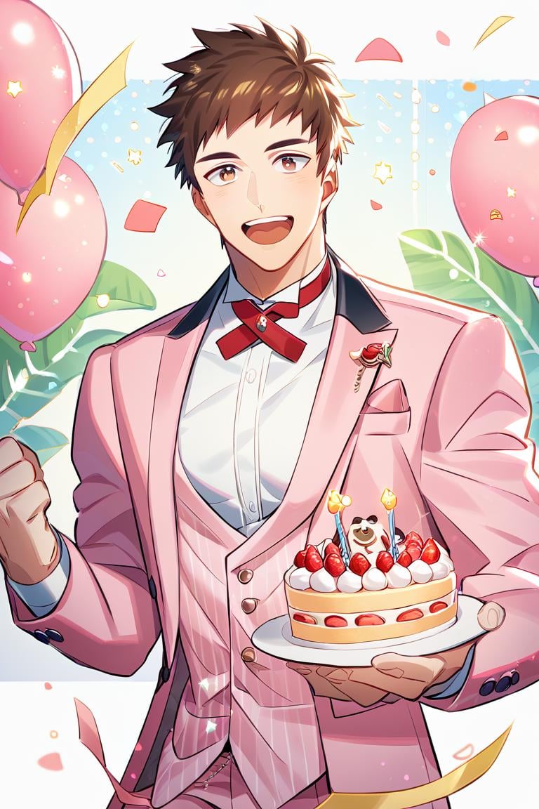 score_9, score_8_up, score_7_up, score_6_up, score_5_up, score_4_up, cute face, twink, party, birthday cake, solo focus, year 2023, shingo yabuki, brown eyes, shingo yabuki, brown hair, brown eyes, suit, white shirt, pink jacket, pink pants, red bowtie,amazing quality, best aesthetic, absurdres<lora:EMS-342688-EMS:1.000000>