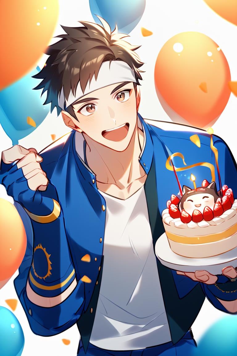 score_9, score_8_up, score_7_up, score_6_up, score_5_up, score_4_up, cute face, twink, party, birthday cake, solo focus, year 2023, shingo yabuki, brown eyes, bheadband, blue jacket, white t-shirt, fingerless gloves, blue pants,open jacket, amazing quality, best aesthetic, absurdres<lora:EMS-342688-EMS:1.000000>