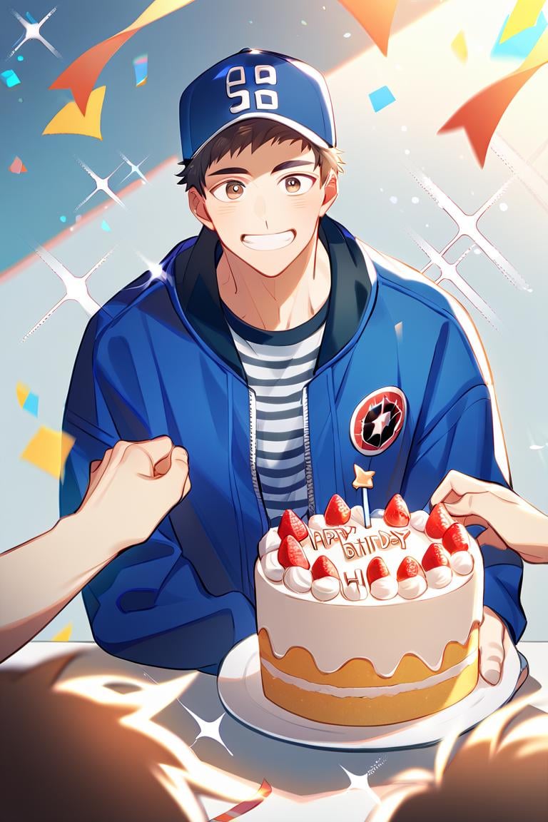 score_9, score_8_up, score_7_up, score_6_up, score_5_up, score_4_up, cute face, twink, party, birthday cake, solo focus, year 2023, shingo yabuki, brown eyes, striped shirt, baseball cap, blue jacket, blue pants,open jacket,amazing quality, best aesthetic, absurdres<lora:EMS-342688-EMS:1.000000>