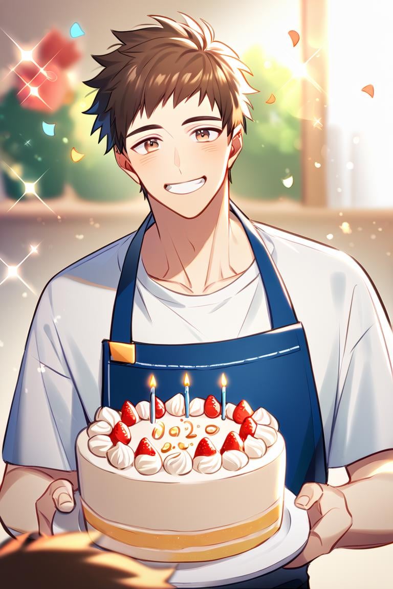 score_9, score_8_up, score_7_up, score_6_up, score_5_up, score_4_up, cute face, twink, party, birthday cake, solo focus, year 2023, shingo yabuki, brown eyes, blue apron, white shirt, ,amazing quality, best aesthetic, absurdres<lora:EMS-342688-EMS:1.000000>