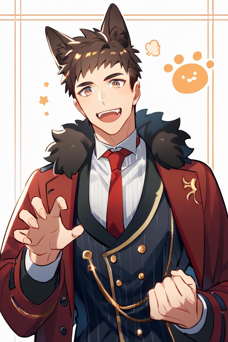 score_9, score_8_up, score_7_up, score_6_up, score_5_up, score_4_up, cute face, year 2023, shingo, yabuki, brown hair, brown eyes, suit, necktie, buttoms, coat, wolf ears, torn clothes amazing quality, best aesthetic, absurdres<lora:EMS-342688-EMS:1.000000>