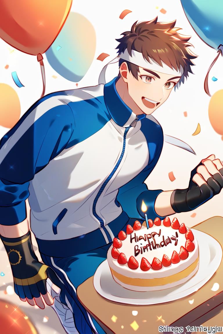 score_9, score_8_up, score_7_up, score_6_up, score_5_up, score_4_up, cute face, twink, party, birthday cake, solo focus, year 2023, shingo yabuki, brown eyes, headband, blue with white full sleeve jacket, fingerless gloves, blue pants, white sneakers,amazing quality, best aesthetic, absurdres<lora:EMS-342688-EMS:1.000000>