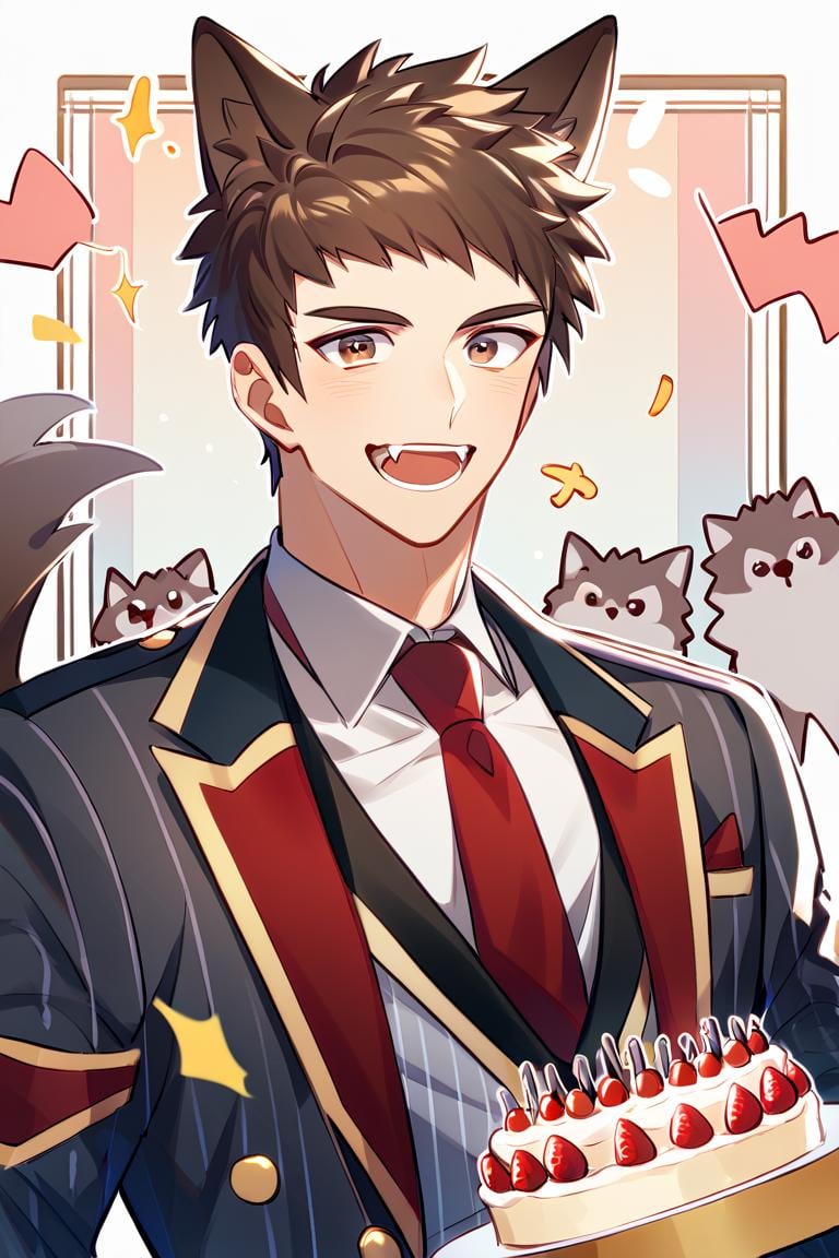 score_9, score_8_up, score_7_up, score_6_up, score_5_up, score_4_up, cute face, twink, party, birthday cake, solo focus, year 2023, shingo yabuki, brown eyes, suit, necktie, buttoms, coat, wolf ears, torn clothes,,amazing quality, best aesthetic, absurdres<lora:EMS-342688-EMS:1.000000>